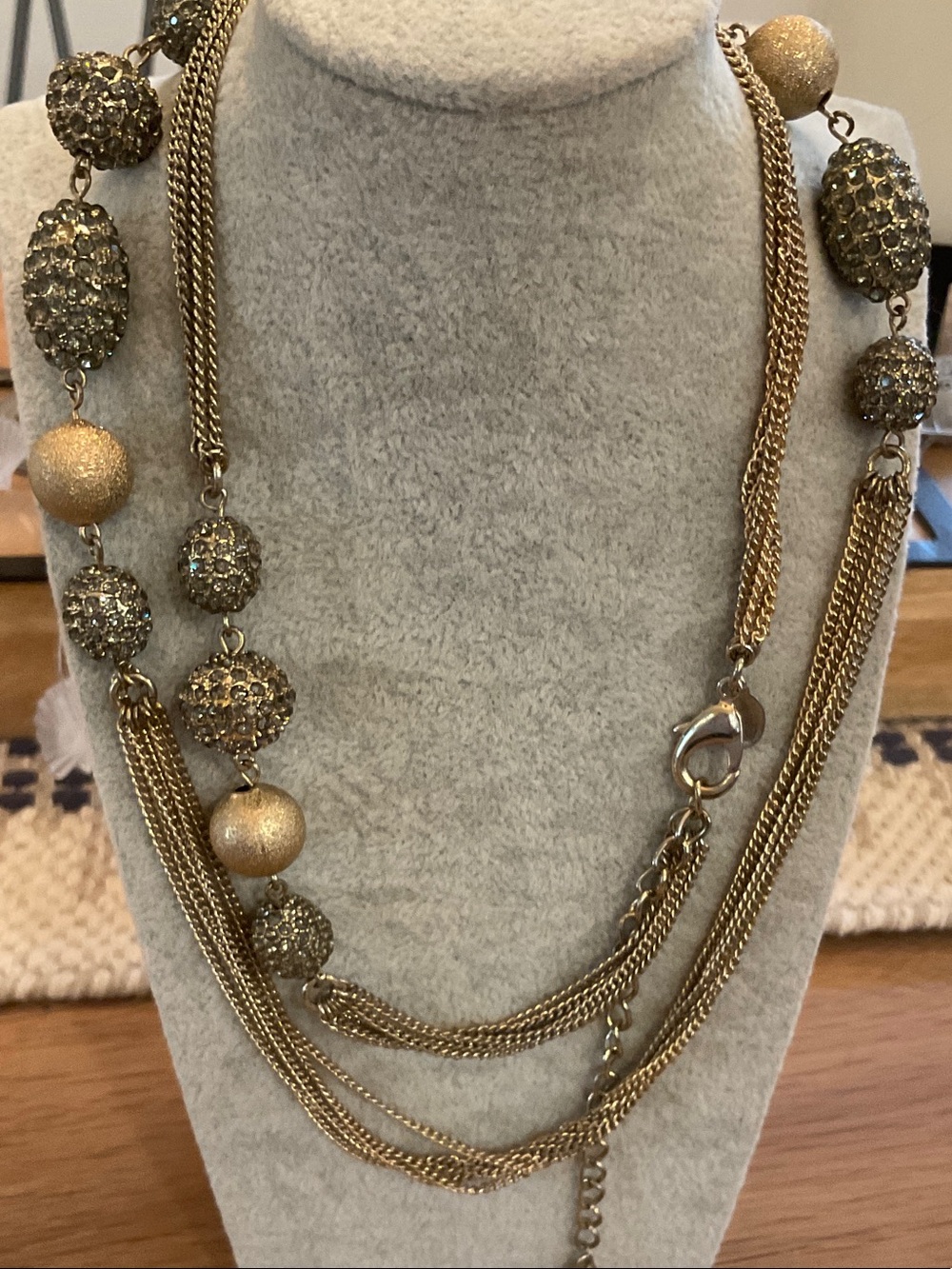 Vintage Gold Tone Chico’s Smoke Grey Rhinestone Bead Necklace
